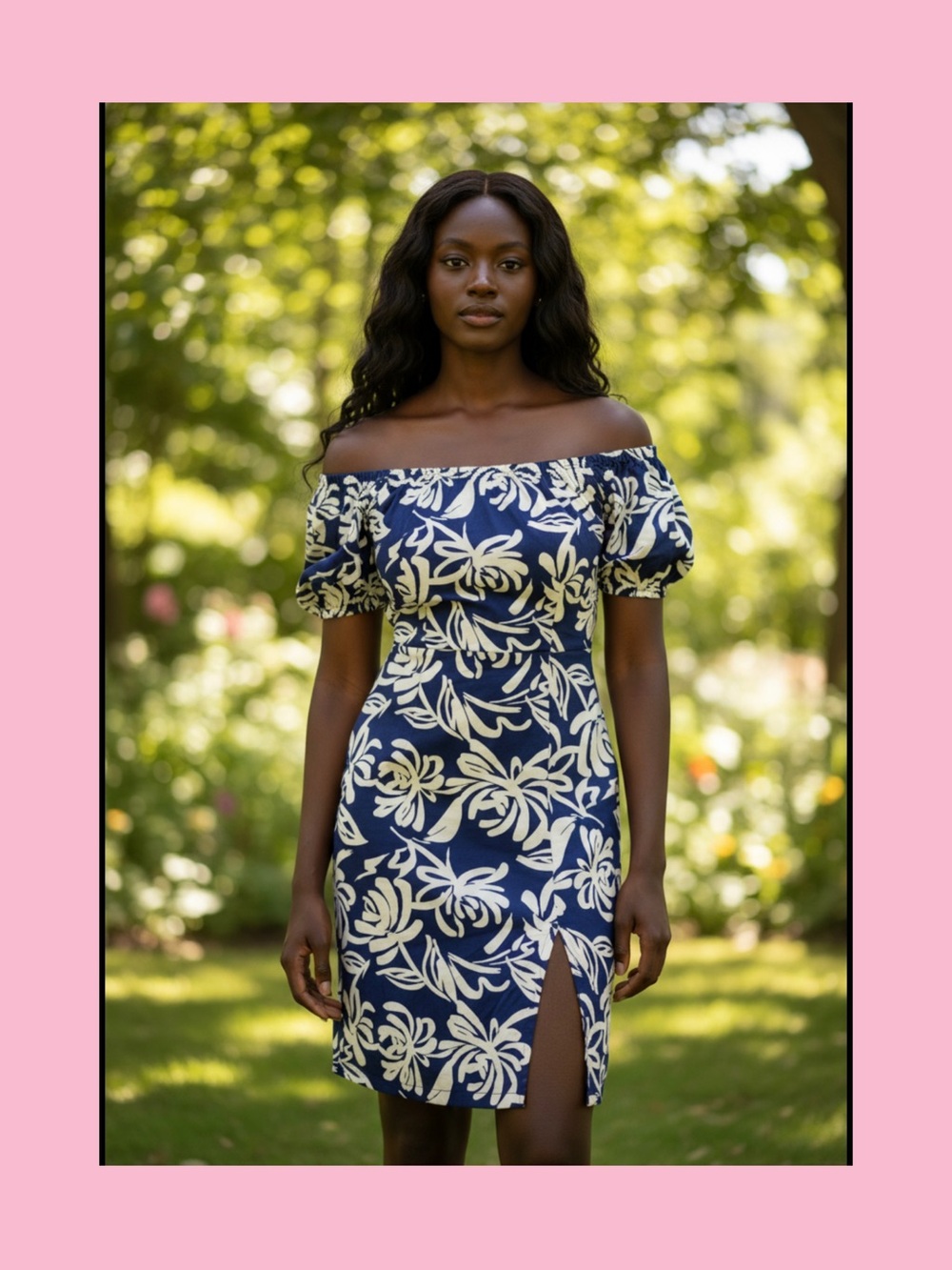 Monteau Navy One-Shoulder Floral Sheath Dress with Cream Print